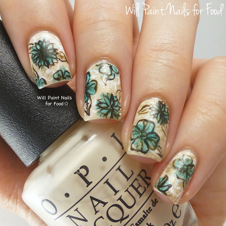 Gold Nails with Green Flowers