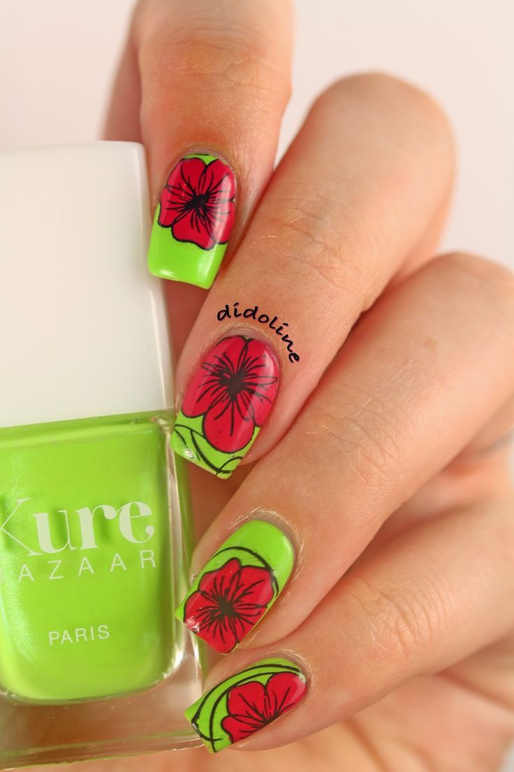 Green Nails with Red Flowers