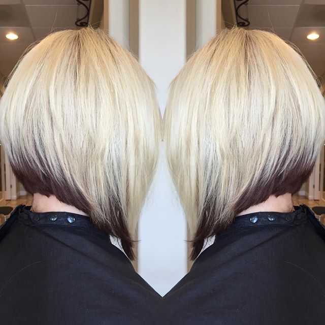 Layered a-line bob hairstyle with dark roots