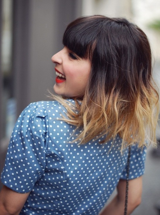 Medium length ombre bob cut with blunt bangs