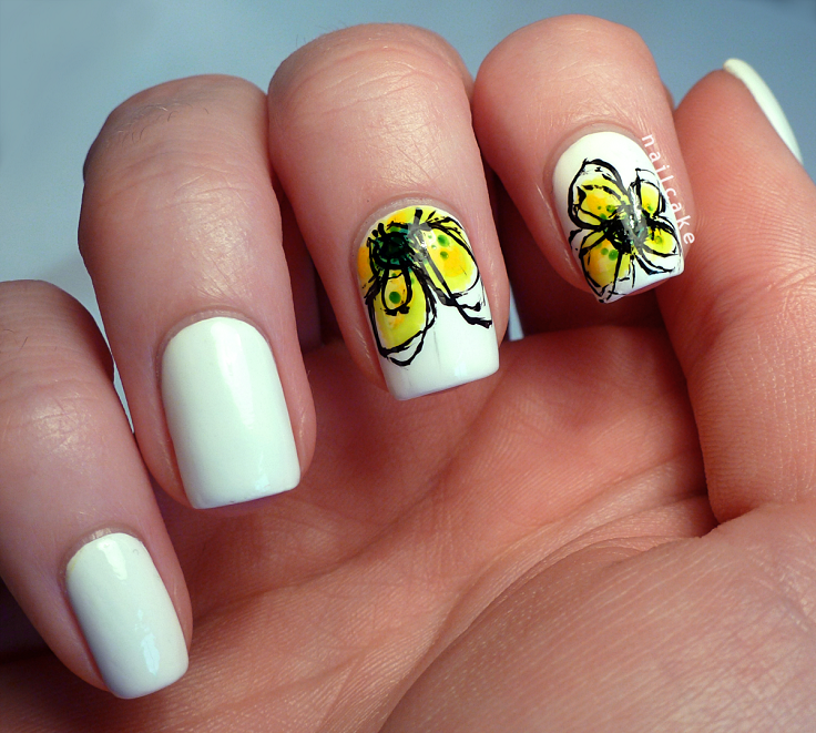 White Nails with Yellow Flowers