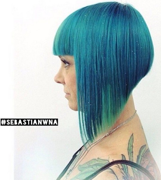 blue color bob hairstyle - aline bob with blunt bangs