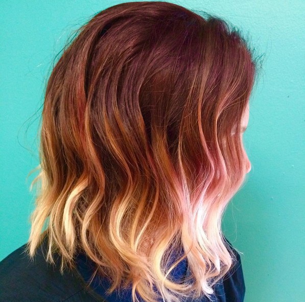 layered red to blonde ombre wavy bob haircut for thick hair