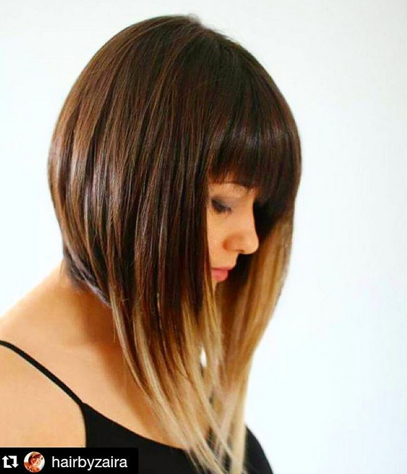 medium angled ombre bob hairstyle with bangs