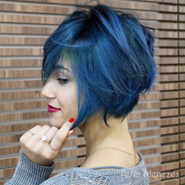 modern blue haircut - messy blue bob hairstyle for short hair