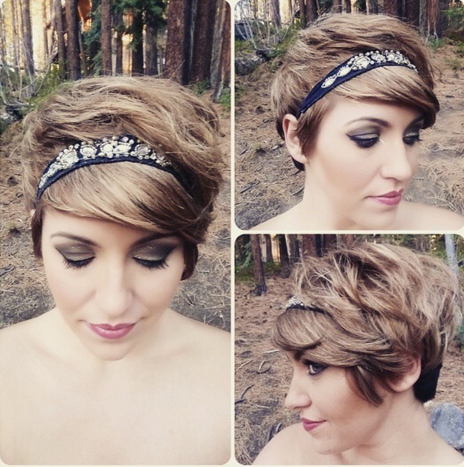 romantic pixie cut with bangs and headband