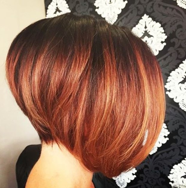 short dark to red ombre graduated bob hairstyle