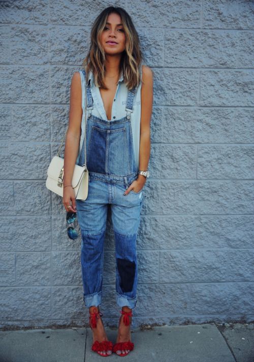 Blue Denim Overalls and Red Suede Heeled Sandals