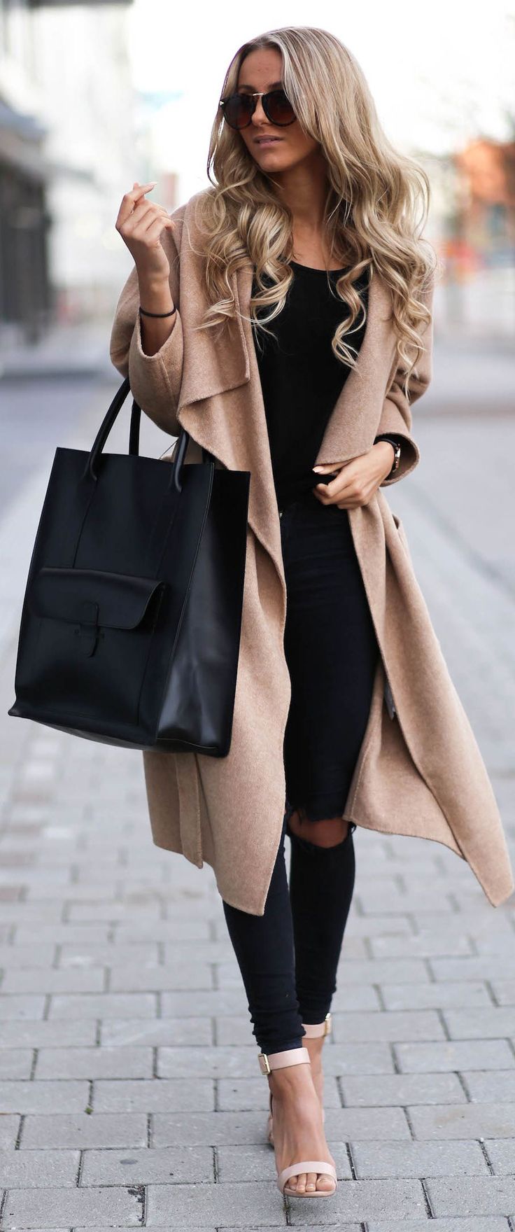 Camel Coat and Nude Strap Shoes