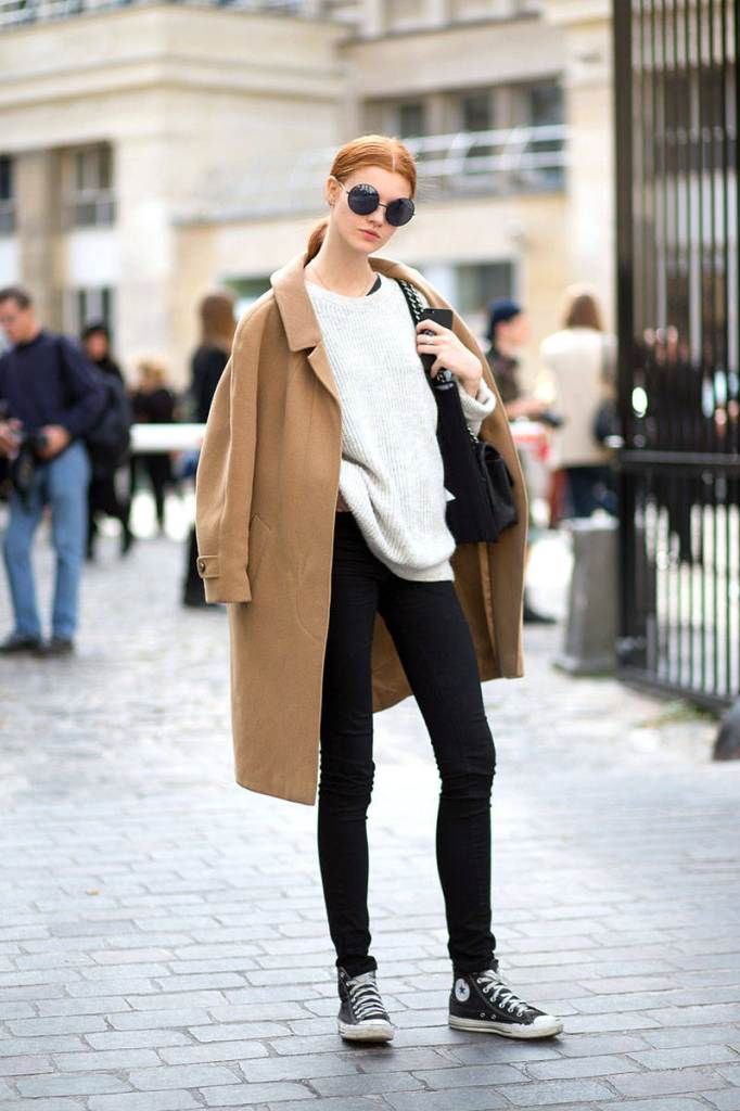 Camel Coat over the black-and-white outfit