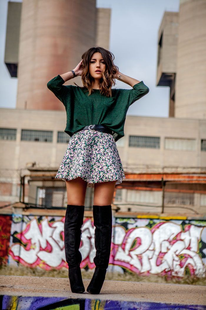 Floral Skirt and Knee-high Boots