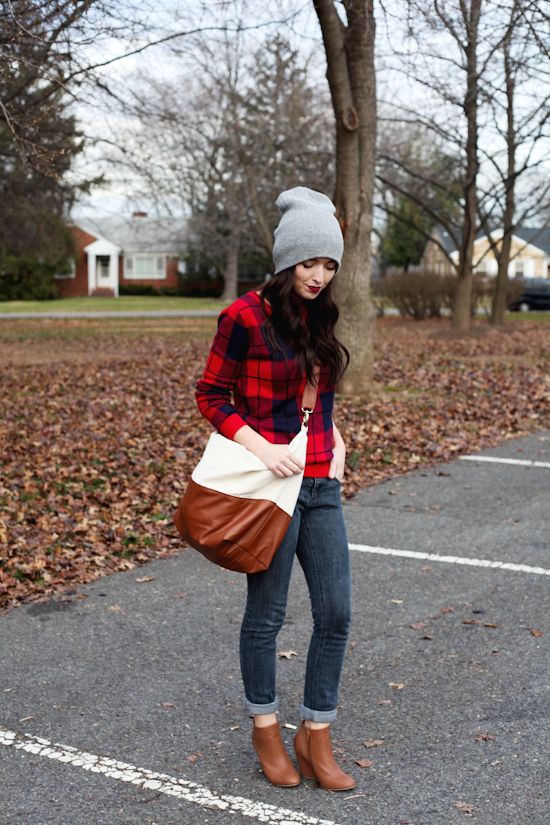 Gray Beanie and Camel Ankle Boots