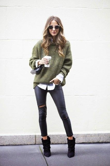 Green Oversized Sweater and White Shirt