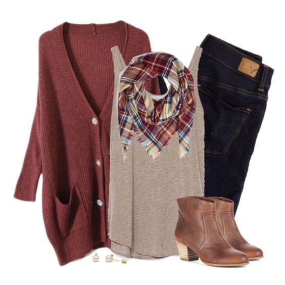 Red Cardigan and Plaid Scarf