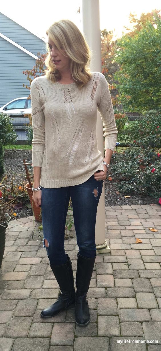 Rice White Sweater, Knee-high Boots and Jeans