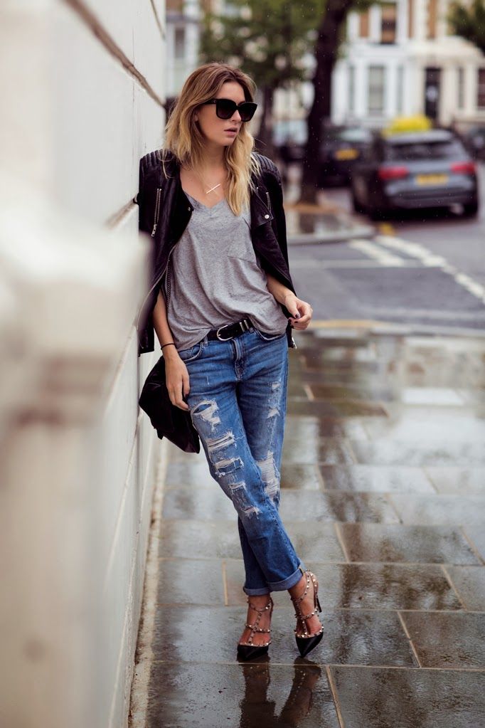 Ripped Jeans and T-strap Heels