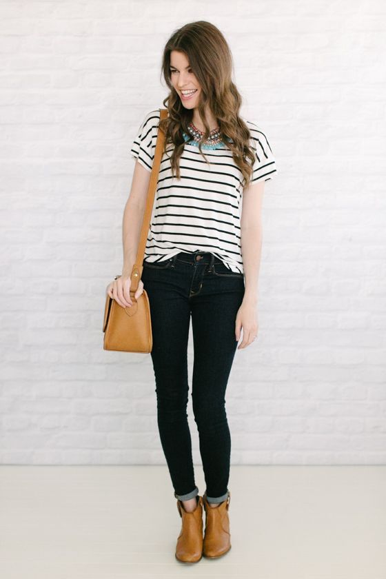 Striped T-shirt, Half-cuffed Jeans and Brown Boots