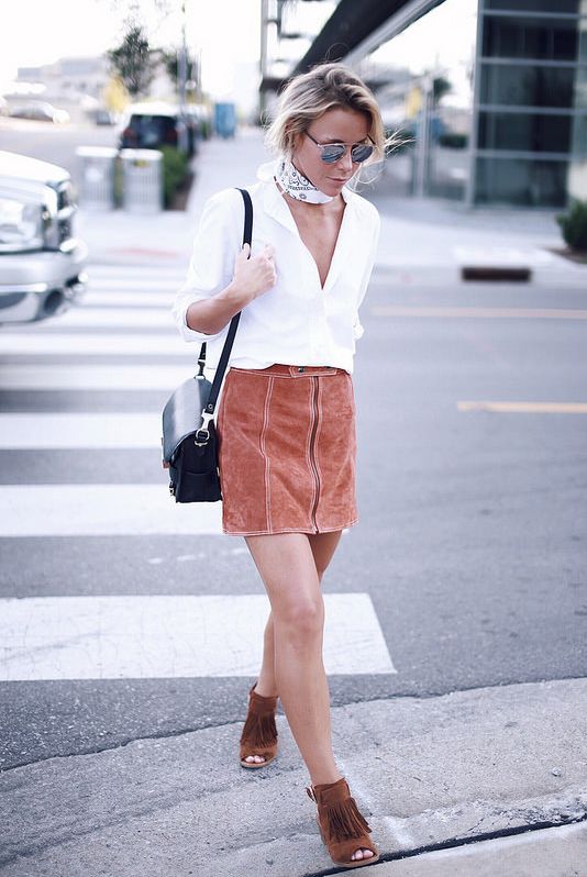 Suede Pencil Skirt and Suede Fringe Sandals