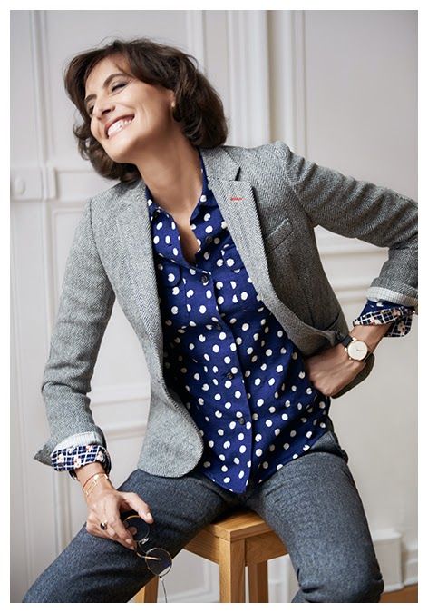 Tweed Blazer and Blue Shirt with White Dots