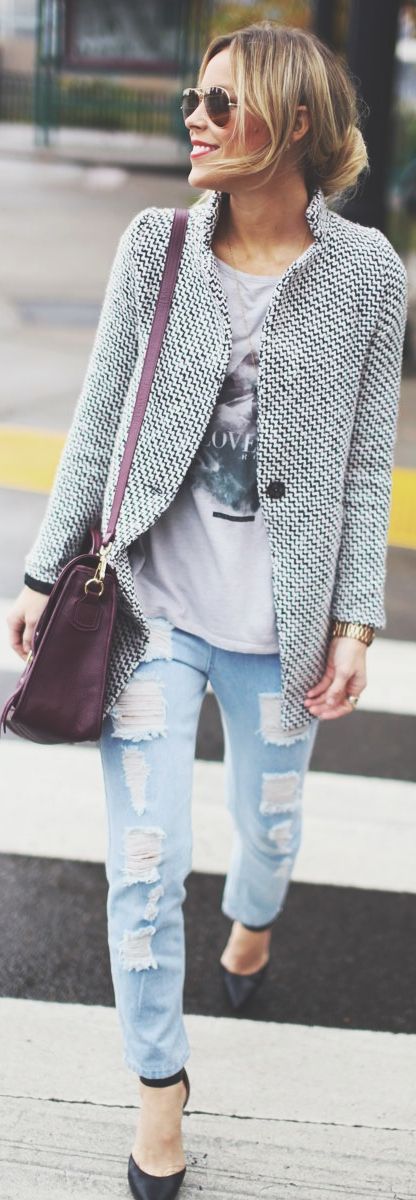 Tweed Blazer and Cut-out Jeans