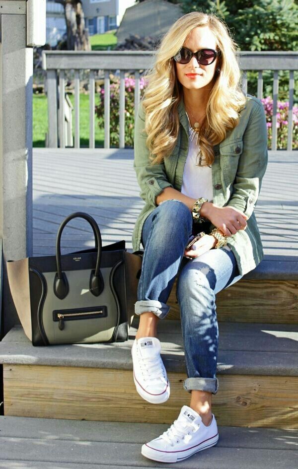 White Sneakers and Light Green Shirt
