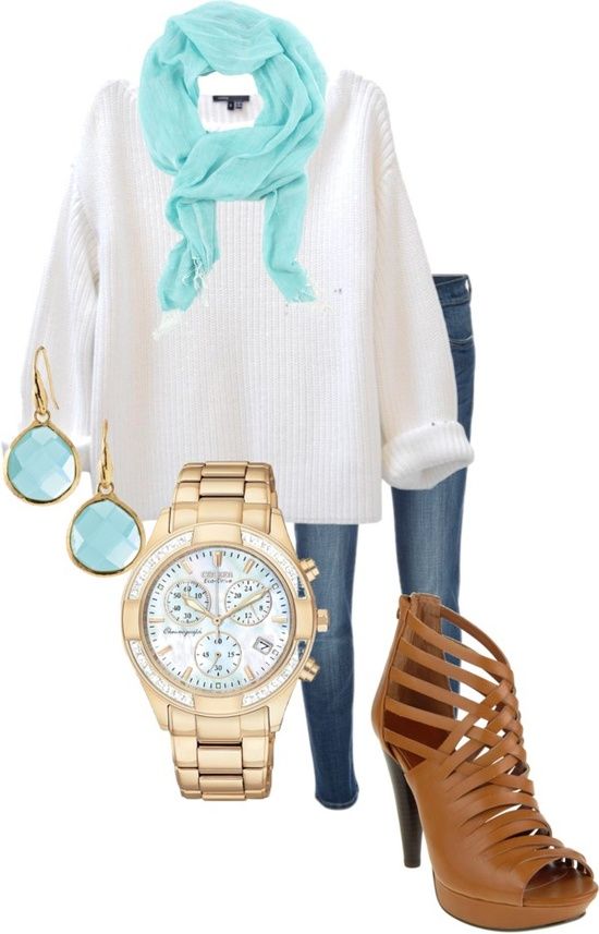 White Sweater and Light Blue Scarf