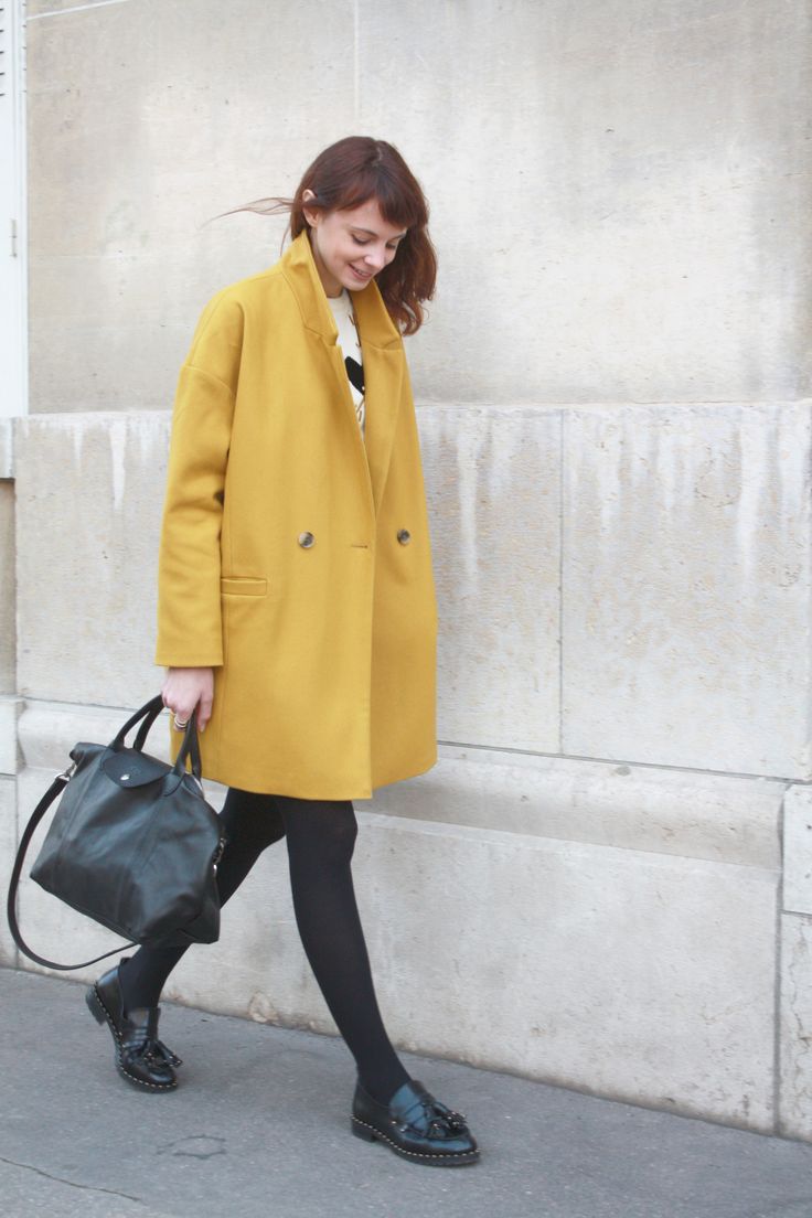 Yellow Coat and Black Loafers