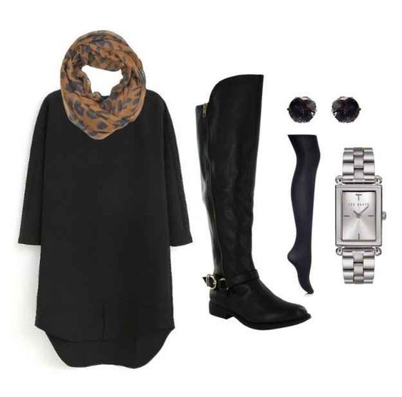 Schwarze Stiefel und schwarzes Kleid