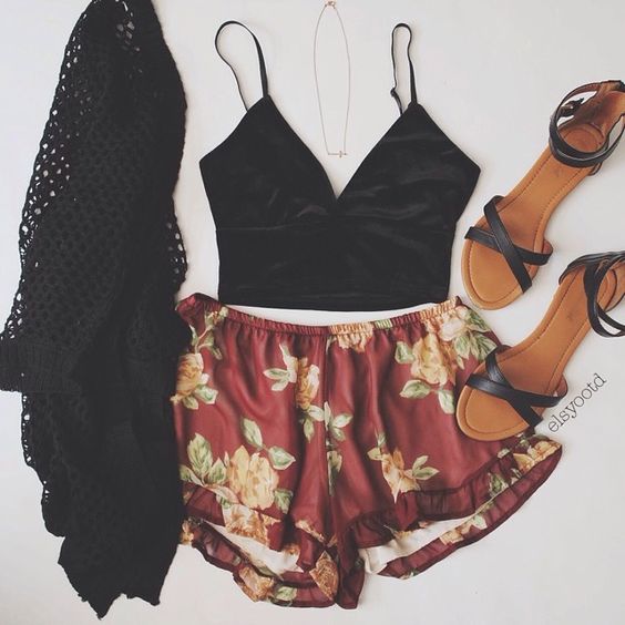 Black Crop Top and Floral Shorts