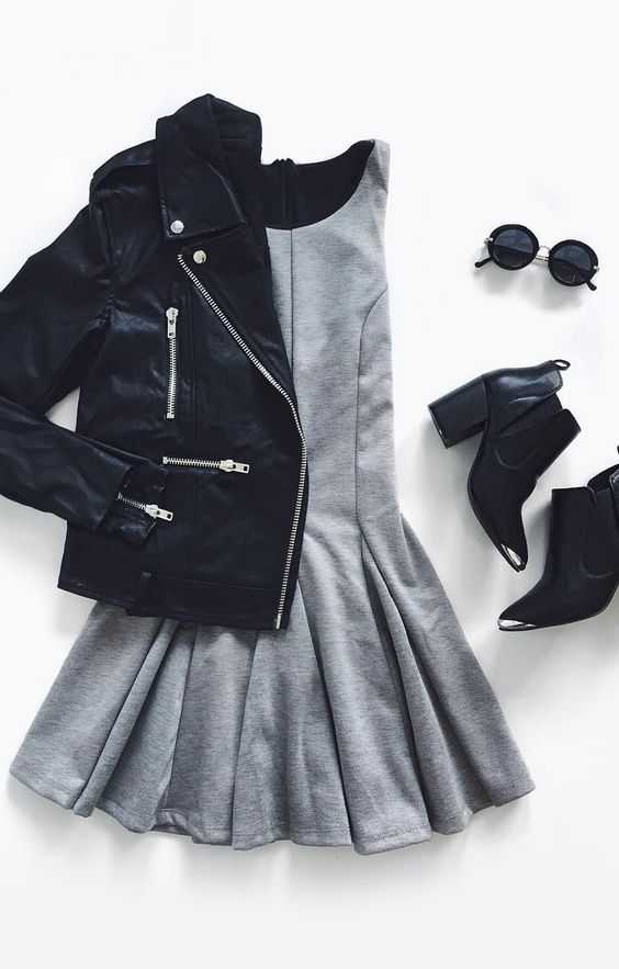 Black Jacket and Grey Dress