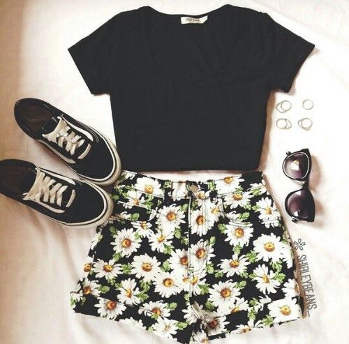 Black Tee and Floral Shorts