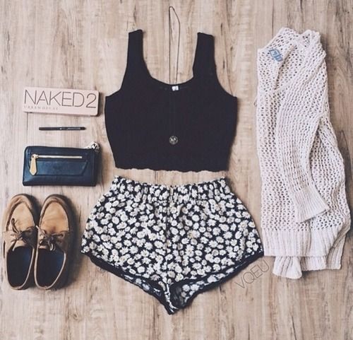 Black Top and Black Floral Shorts