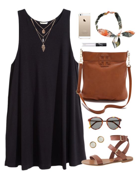 Braune Tasche und schwarzes Kleid