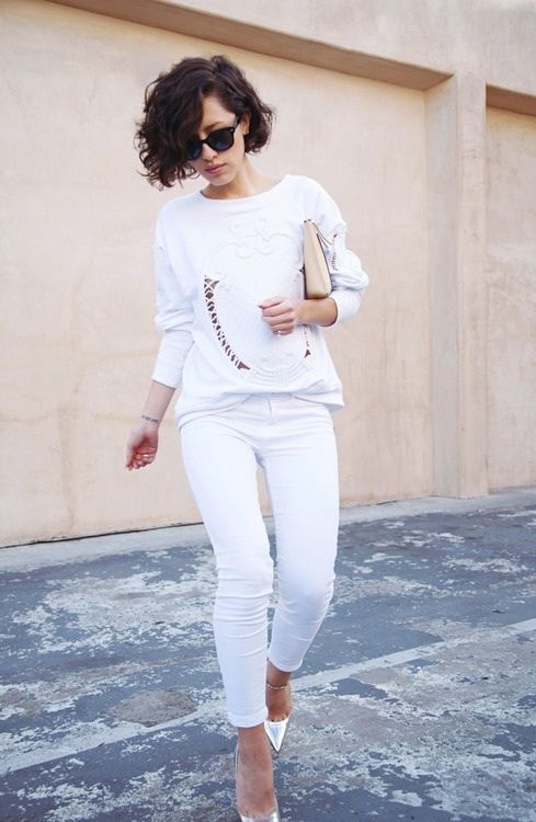 Embellished White Sweater and White Skinnies