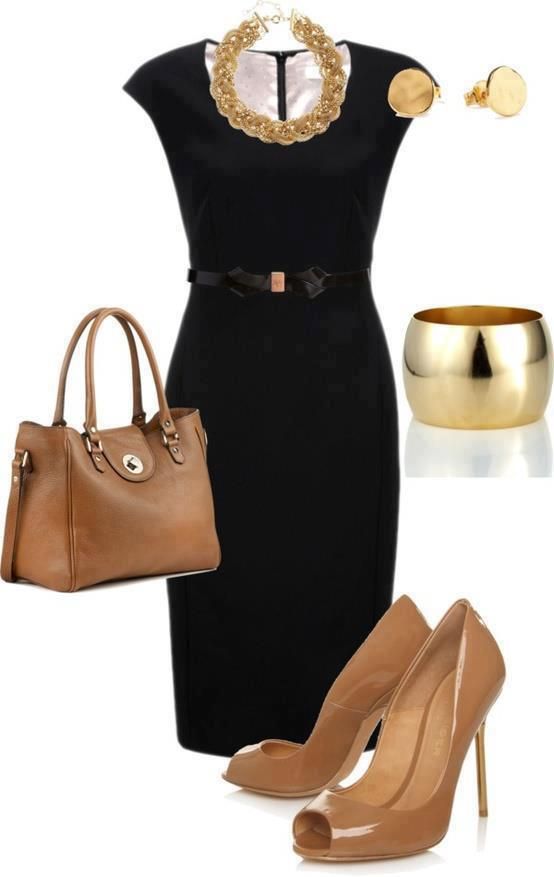 black dress beige shoes
