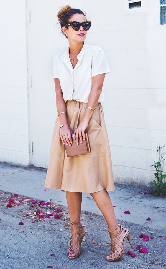 White Blouse and Leather Midi Skirt