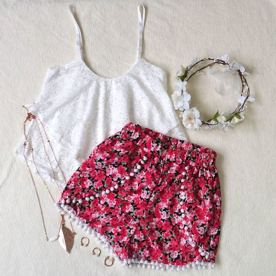 White Tank Top and Red Floral Shorts