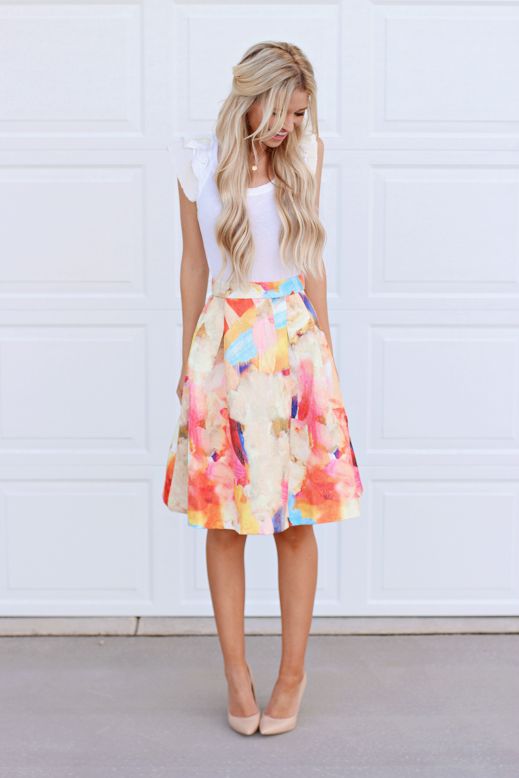White Tee and Floral Skirt