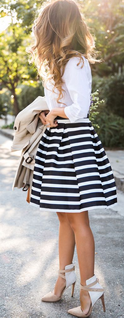 White Top and Stripped Mid Dress