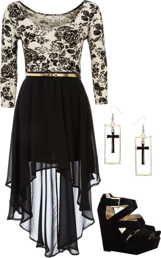 Black Printed Dress and Black Wedges