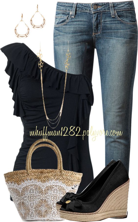 Black Top, Jeans and Black Wedges