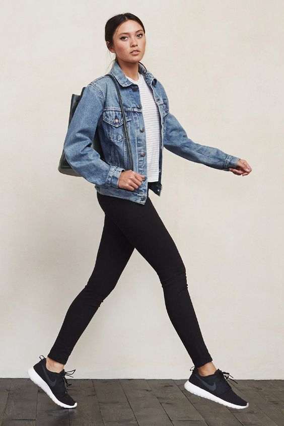 Denim Jacket, Black Leggings and Black Shoes