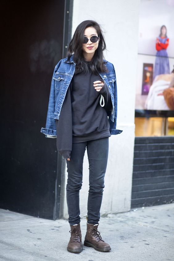 black dress with blue denim jacket