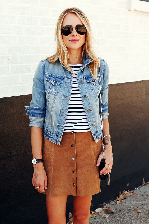 Denim Jacket and Suede A-line Skirt