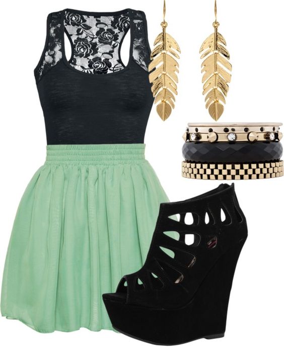Green Skirt and Black Wedges