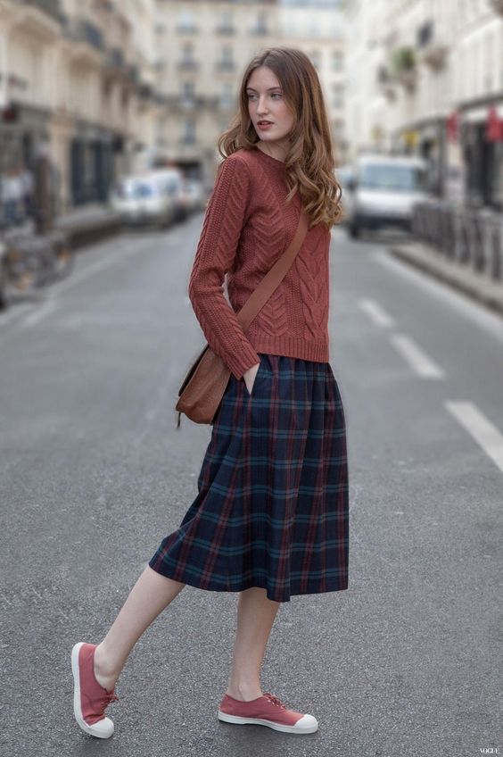 Red Sweater, Plaid Skirt and Sneakers