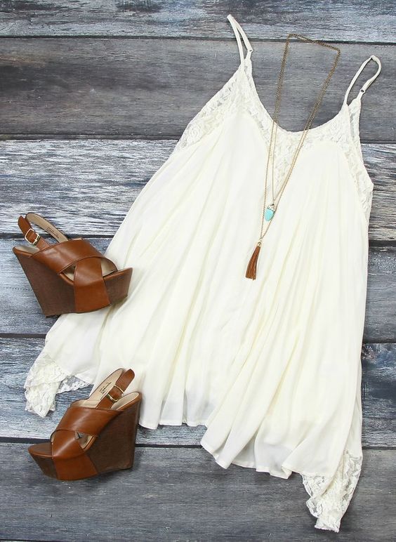 White Flowy Dress and Brown Wedges