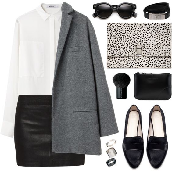 White Shirt, Black Skirt, Grey Coat and Black Flats