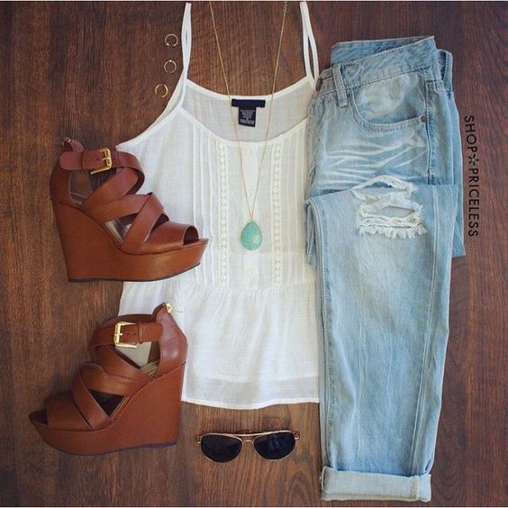 White Top, Ripped Jeans and Brown Wedges