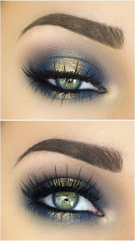 smoke eye in navy blue and gold - eye makeup